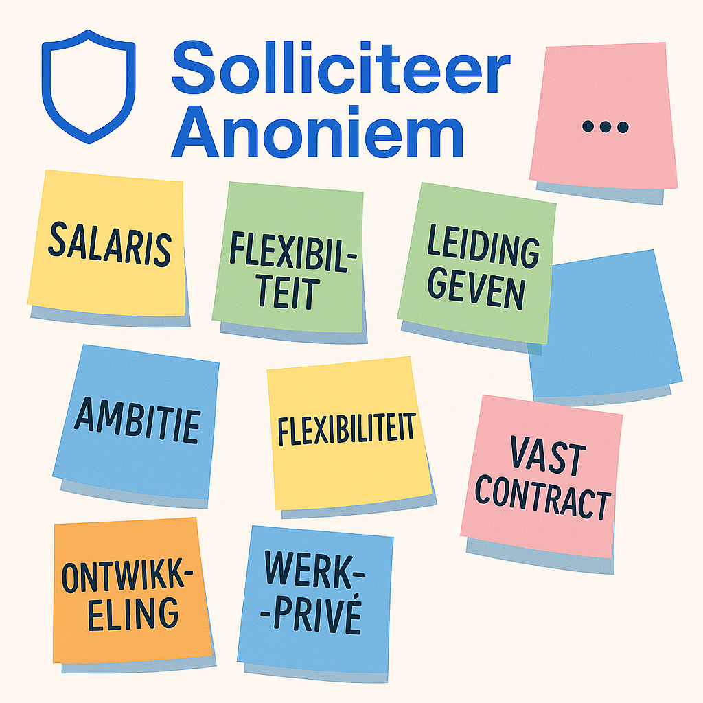 Solliciteer Anoniem logo met diverse steekwoorden op sticky notes zoals salaris, flexibiliteit, en vast contract, die carrière-aspecten representeren.